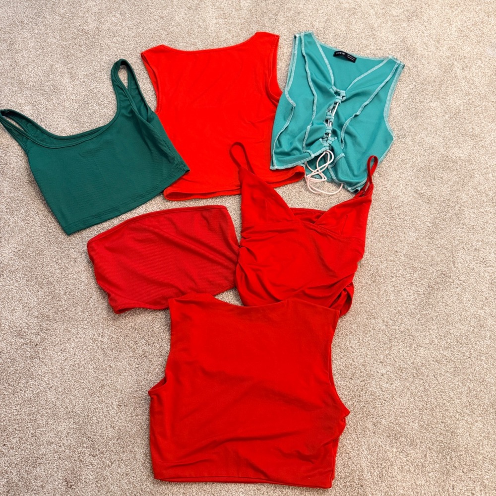 Shein Crop Top Bundle Womens Small Red Green Teal Ribbed Lace Up Ruched 6pc Lot